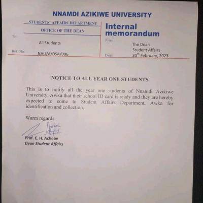 UNIZIK notice to all one year students