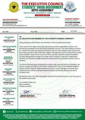 DELSU SUG urges all students to be calm over proposed school fees increase