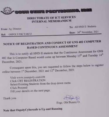 OSPOLY notice to HND II students on GNS 402 Test