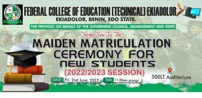 FCE (Technical) Ekiadolor announces maiden Matriculation Ceremony, 2022/2023