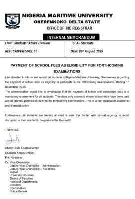 Nigeria Maritime University notice on 