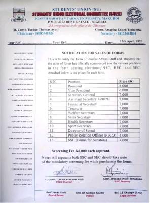 Joseph Sarwuan Tarka University announces sales of SUG lection forms