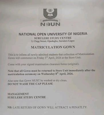 NOUN Sulurere Study Centre notice on distribution of matriculation gowns