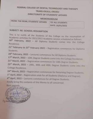 Federal College of Dental Technology Notice on Resumption, 2021/2022
