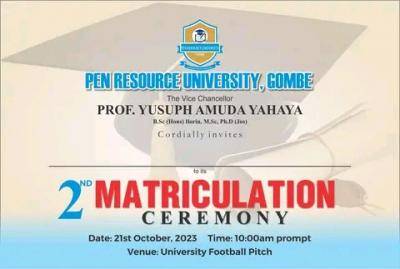 Pen Resource University, Gombe 2nd Matriculation Ceremony to holds 21st October 2023