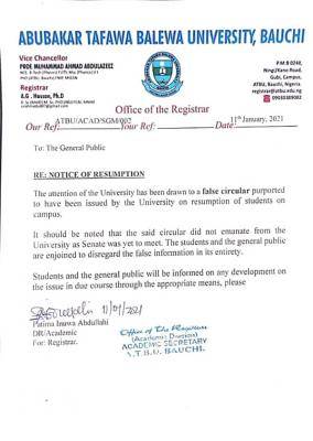 ATBU disclaimer notice on purported academic calendar