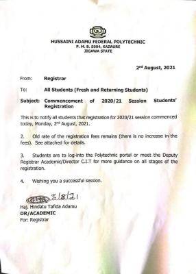 Hussaini Adamu Fed. Poly notice on commencement of 2020/2021 students registration