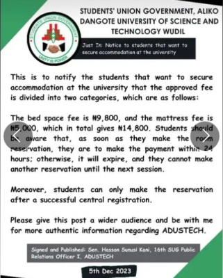 ADUSTECH SUG important notice to students willing to secure accommodation at the university