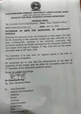AE-FUNAI extends date for reopening of University Hostels