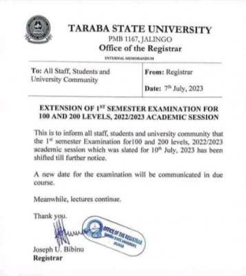 TSU notice on Extension of 1st semester exam for 100L & 200L, 2022/2023