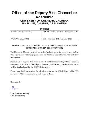 UNICAL announces final deadline for course registration, 2025/2026