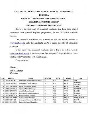 Oyo State College Of Agriculture full-time ND 1st batch Provisional admission list, 2022/2023