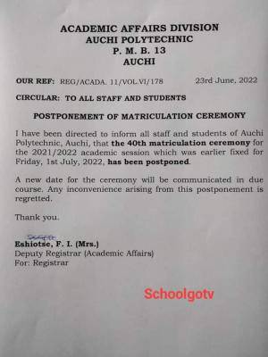 Auchi Poly postpones matriculation ceremony