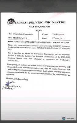 Fed Poly Nekede important notice on commencement of first semester examinations
