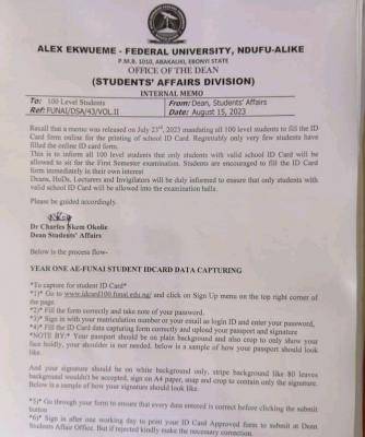 FUNAI notice to all 100 level students