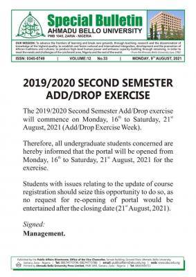 ABU 2nd semester add/drop exercise for 2019/2020 session