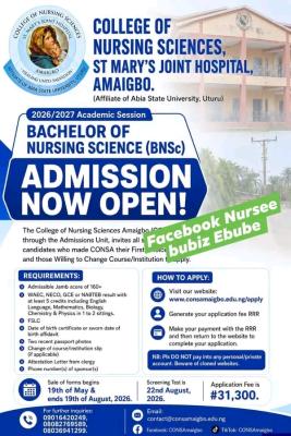 St. Mary Joint Hospital College of Nursing Sciences, Amaigbo BNSc Nursing Admission, 2026/2027