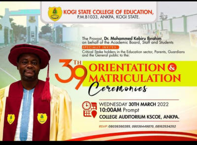 Kogi State College of Education announces 39th matriculation ceremony