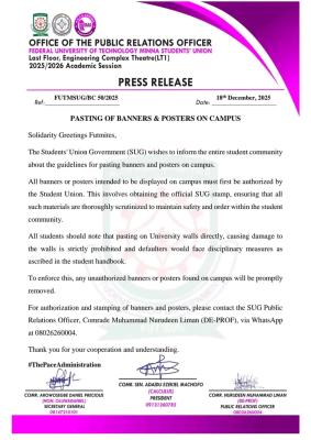 FUTMINNA SUG issues guidelines on pasting of banners and posters