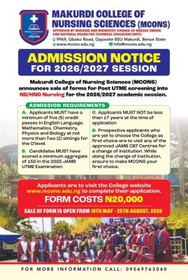 Makurdi College of Nursing Sciences ND/HND Nursing Admission, 2026/2027,