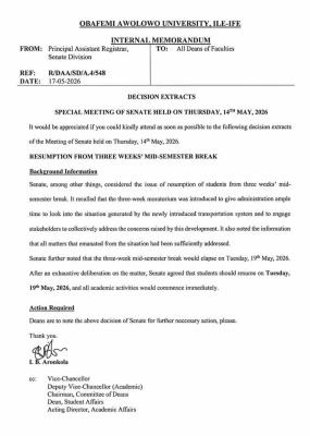 OAU resumes academic activities, May 19