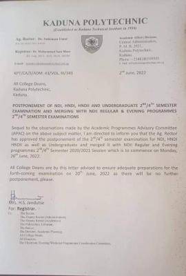 KADPOLY notice to students on postponement of exams, 2020/2021