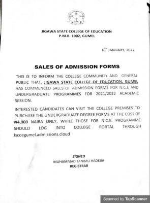 Jigawa State COE Gumel admission forms for 2021/2022 session