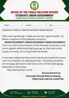 UMYUK SUG issues security notice to students