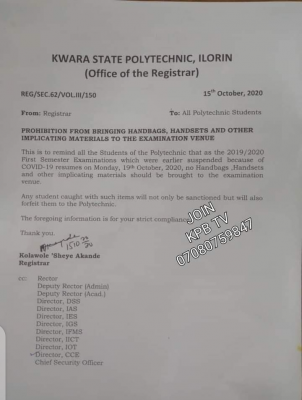 Kwara State Poly important notice to students on 1st semester exam
