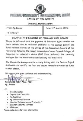 FUED, Zaria notice to staff on delay of February, 2026 salary