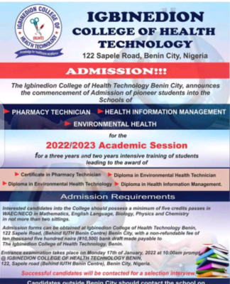 Igbinedion College of Health Technology admission form, 2022/2023
