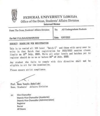 FULOKOJA undergraduate registration deadline