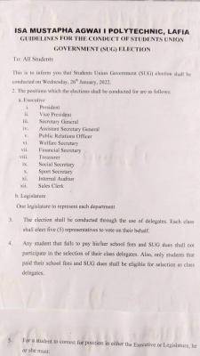 Isa Agwai Mustapha Poly SUG election requirements and guidelines