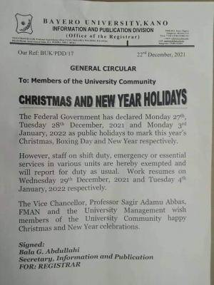 BUK notice on Christmas/New Year holiday