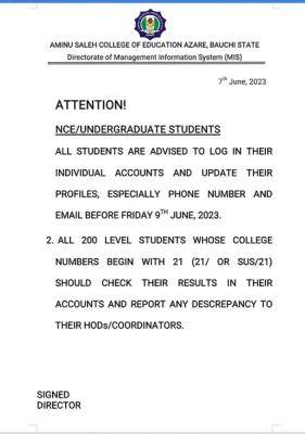 Aminu Saleh COE important notice to all NCE/Undergraduate students