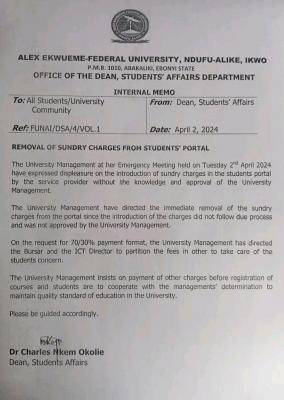 FUNAI notice on removal of sundry charges from students' portal