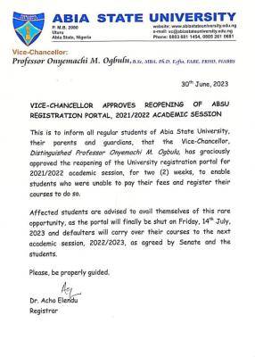 ABSU VC approves re-opening of registration portal, 2021/2022 session