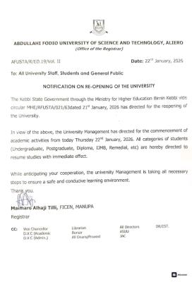 Abdullahi Fodio University of Science and Technology, Aliero reopens for academic activities