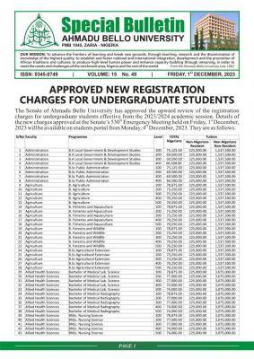 ABU approved new undergraduate registration charges, 2023/2024
