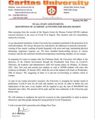 Caritas University notice on resumption of academic activities for 2020/2021 session