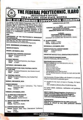 Fed Poly Ilaro announces 21st combined Convocation Ceremony