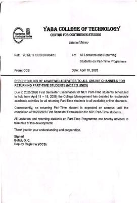 YABATECH notice to all returnig part-time students