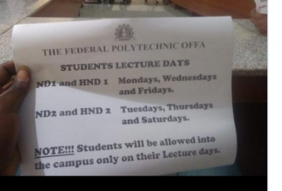 Federal Poly Offa announces lecture days for students