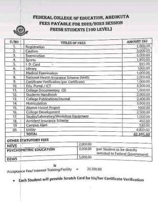 FCE abeokuta schedule of fees for 2022/2023