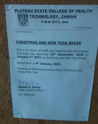 Pleateau State College of Health Technology Zawan Christmas and New Year Break