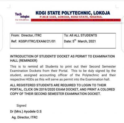 Kogi State Poly notice on printing of 2nd semester exam dockets, 2019/2020