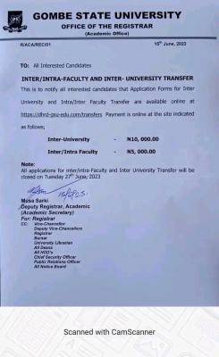 GOMSU notice on sales of Inter/Intra faculty & Inter university transfer form