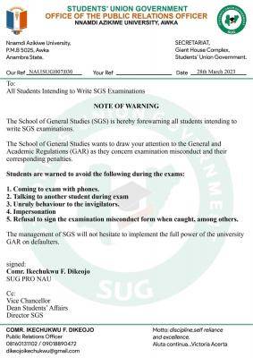 UNIZIK notice of warning to SGS students