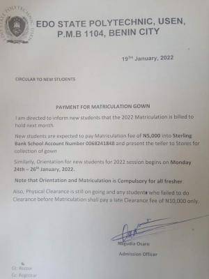 EDOPOLY notice to new students on payment of matriculation gown