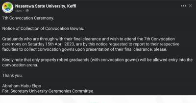 NSUK notice on collection of convocation gowns